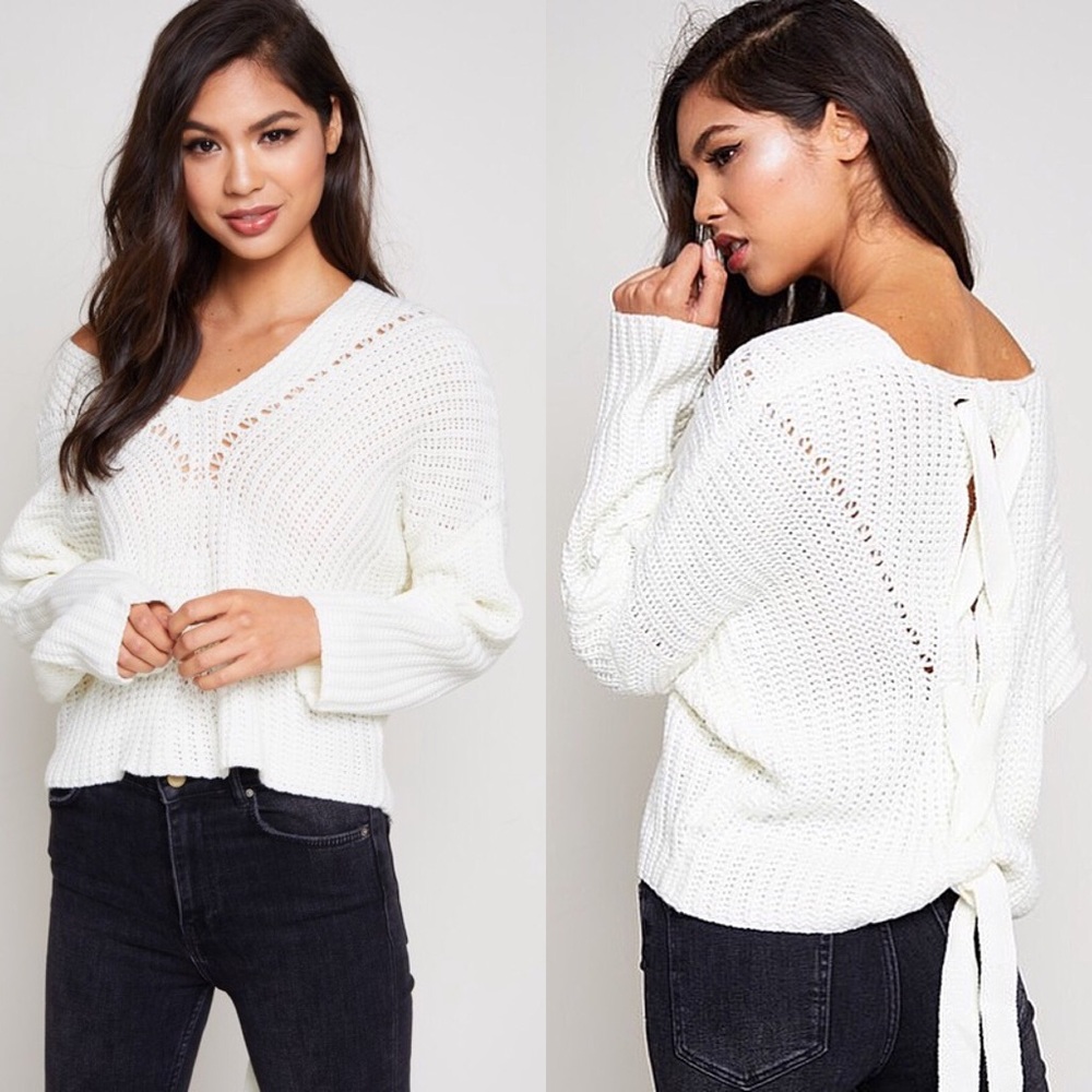 Small Ivory Lush V Neck Lace Up Back Long Sleeve Sweater - Picture 5 of 10